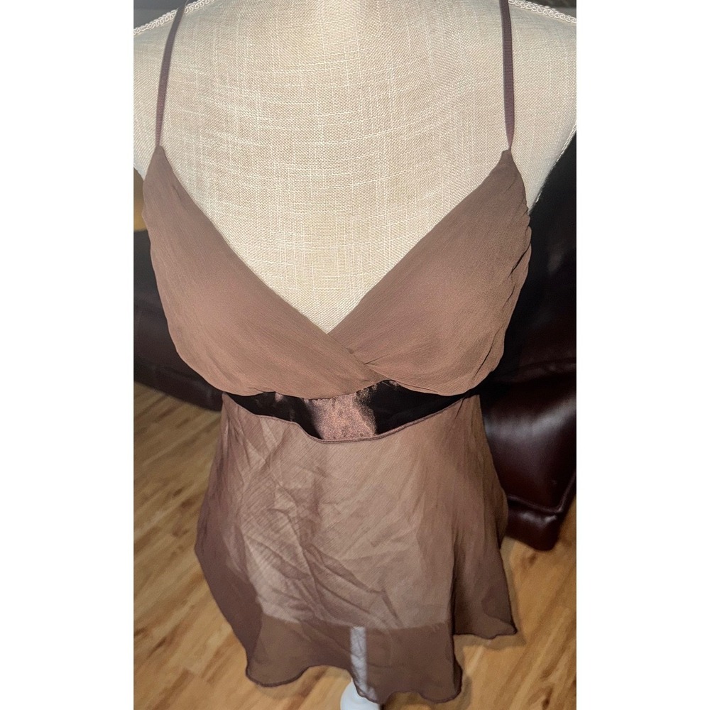 Vtg Y2K Heart Soul Brown Sheer Mesh Babydoll Cami Top Satin Tie Waist  L